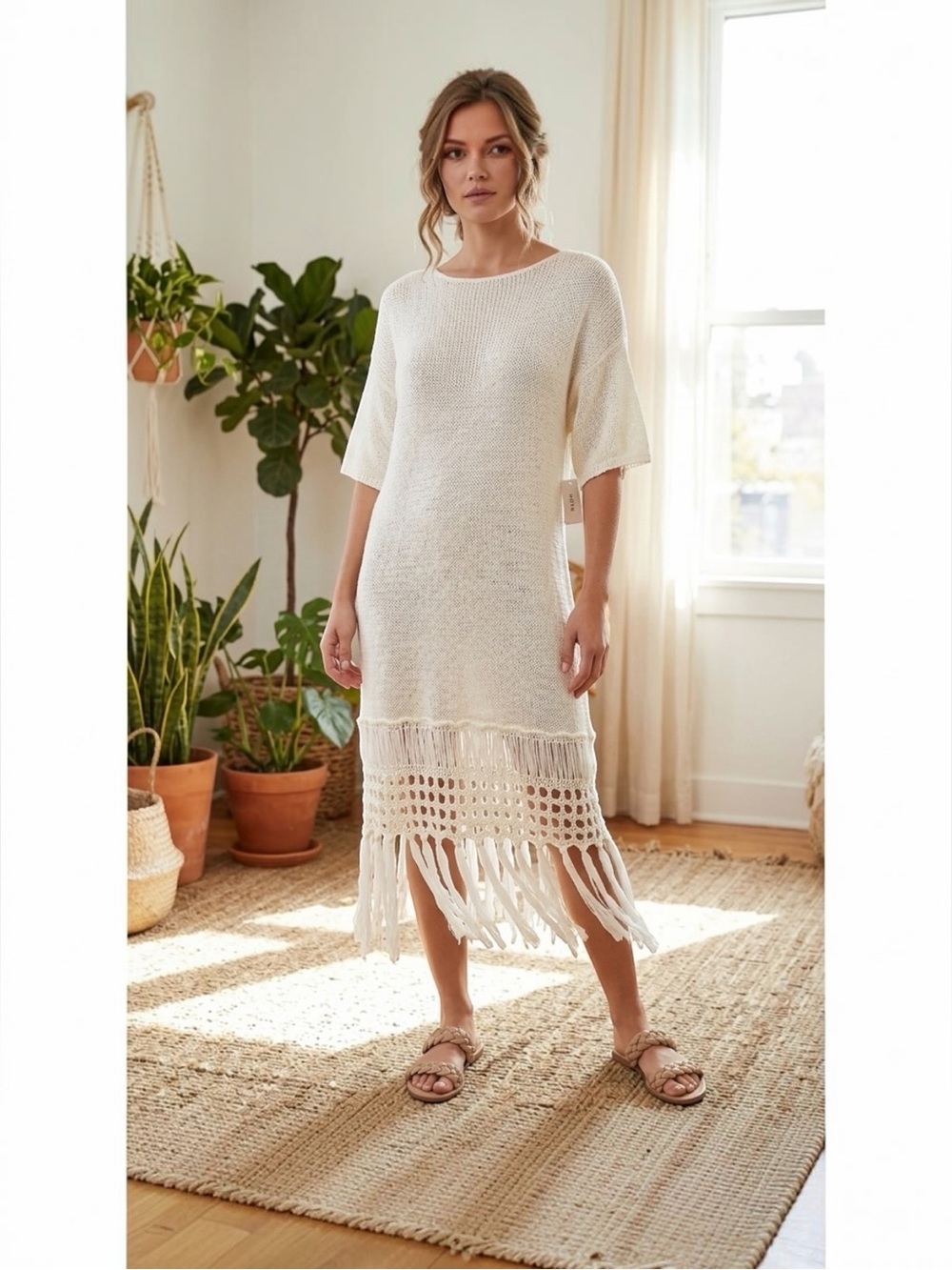 NWT Anthropologie Moth Open Knit Fringe Hem Sweater Dress Off White XXSP